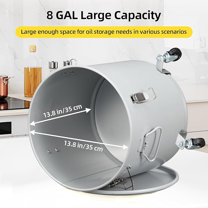 IDEALHOUSE 8 Gallon Commercial Fryer Grease Bucket Carbon Steel Oil Disposal Caddy Secure Lid Lock Clips Caster Base Nylon Filter Bag Included Oil Storage &amp Transport for Kitchen and Restaur