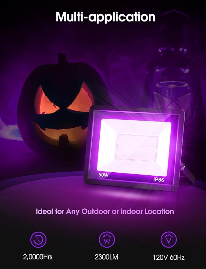 L LOHAS LED Orange and Purple Christmas Halloween Flood Light Outdoor 2 Pack 𝑨𝒖𝒕𝒐 𝑶𝑵/𝑶𝑭𝑭 50W Plug in Flood Light IP66 Waterproof 2300lm Outdoor Flood Lights for Yard Party UL Listed