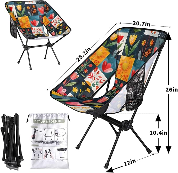 Honeybaby Folding Camping Chair Flowers Floral Plaids Camping Chairs Lightweight Portable Chair Outdoor Foldable Chairs for Camping Travel Picnic Beach Hiking