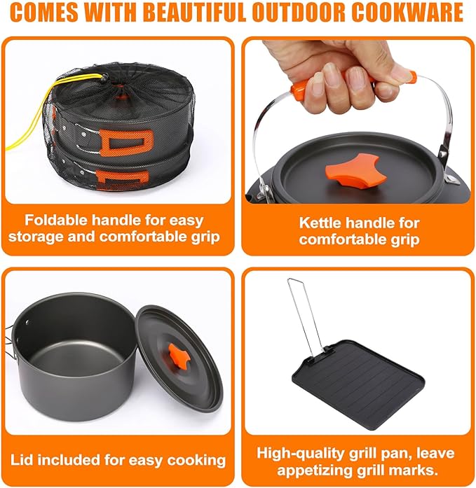 Hisencn Camping Stove2 Burner Propane Stove20000 BTU/h Camping Cooking set Includes Frying PanKettle and PotAdjustable Burners &amp Piezo IgnitionPortable stove for camping OutdoorBlack