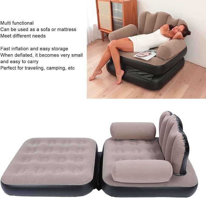BAFOVY Inflatable Sofa Mattress Portable Foldable Sofa Bed with Backrest 440.9lb Load Bearing Capacity Easy to Inflate and Store for Coffee Color Home Travel Camping