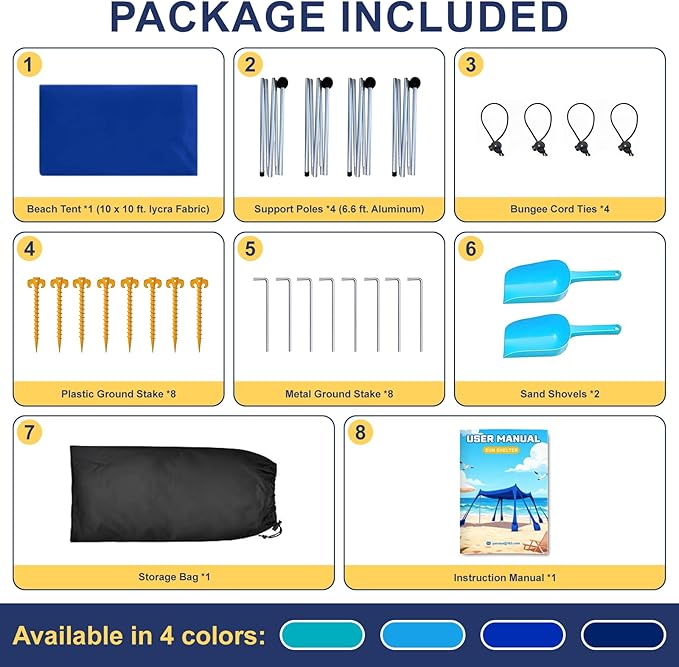 Beach Tent Sun Shelter UPF 50+10x10 FT Beach Canopy Tent Sun ShadePop Up Beach Canopy with 8 SandbagsOutdoor Beach Shade for Camping Trips Fishing Backyard Fun Picnics (Navy Blue)