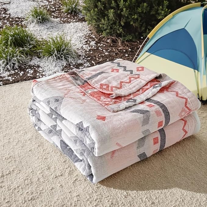 ITFRO Boho Cooling 3 Layer Cotton Muslin Blanket for Hot Sleepers Twin Size 60x80 Inches Lightweight Breathable Reversible Summer Camping Blanket All Seasons for Couch Sofa Bed (Boho Pink 60x80)