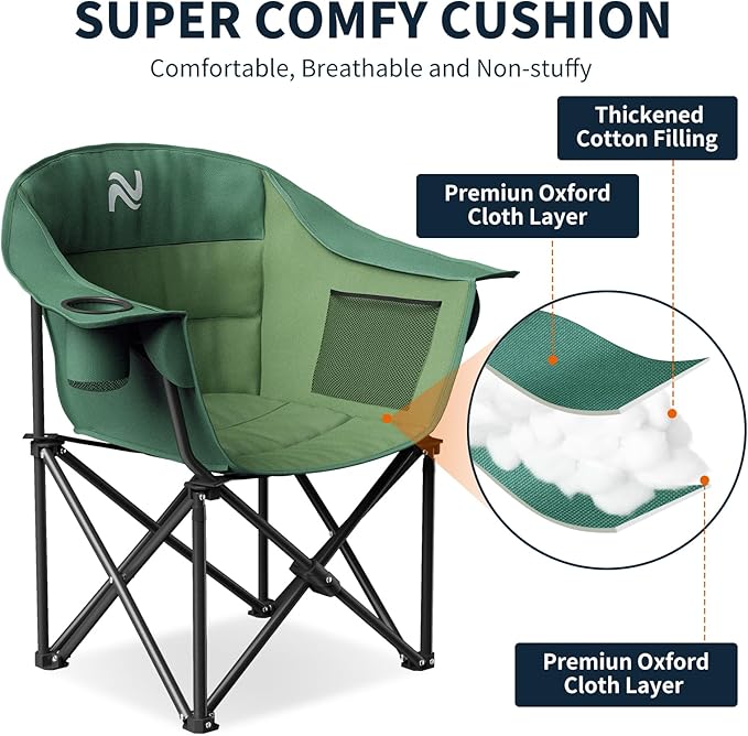 NAIZEA Padded Camping Chair Outdoor Folding Chair Portable Heavy Duty Arm Chairs with Side Pockets Cup Holder for Beach Lawn Picnic Fishing Backpacking