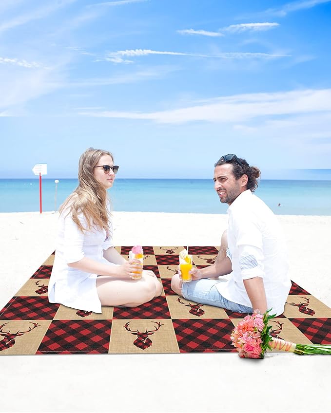 Beach Blanket Waterproof Sandproof Christmas Elk Antlers Red Lattice Quick Drying Beach Mat with 4 Stakes Black Buffalo Plaid Retro Linen Lightweight Picnic Blanket for Travel Camping 118x108