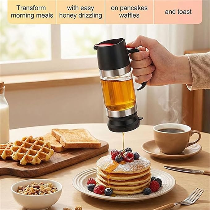 Honey Dispenser No Drip Glass Honey Dispenser No Drip with Stand Press Type Drip Dispensers for Honeys Refillable Glass Honey Jar with Handle For Honeys Coffee Syrup (Yellow)