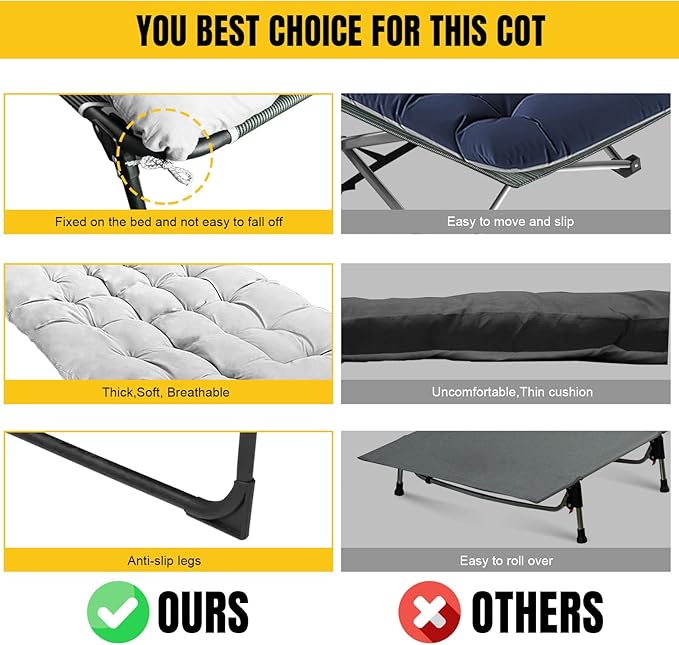 YELLOW JACKET Folding Camping Cot for Adults Adjustable 5-Position Portable Sleeping Cot Bed with Pillow and Removable Mattress Reclining Foldable Camp Cots for OutdoorHomeBeachPatioGrey