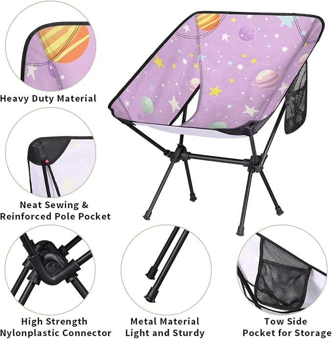 Honeybaby Folding Camping Chair Cartoon Planets Stars Camping Chairs Lightweight Portable Chair Outdoor Foldable Chairs for Camping Travel Picnic Beach Hiking