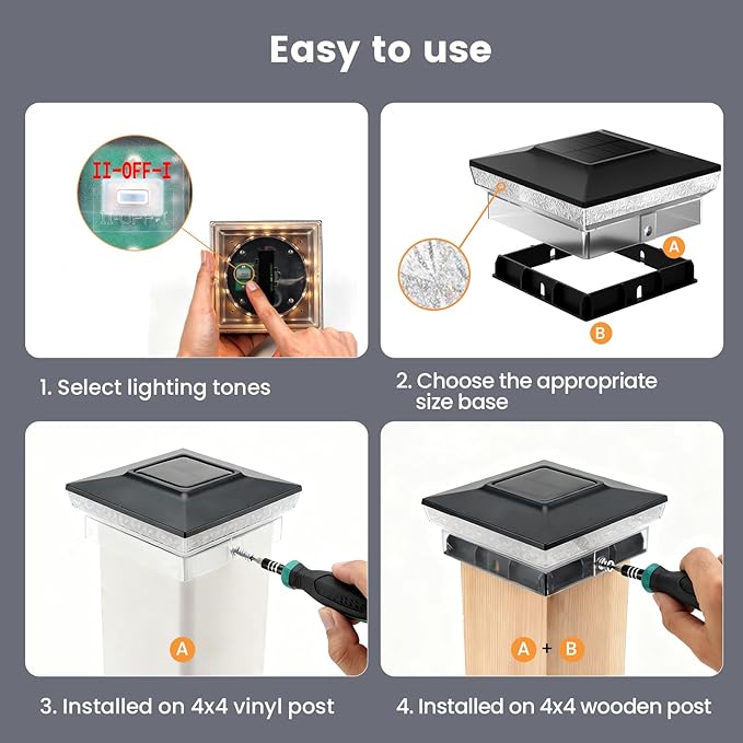 VOLISUN Solar Post Cap Lights 4x4 Solar Deck Post Lights Outdoor IP64 Waterproof Deck Post Lights Solar Powered (6 Pack Black)