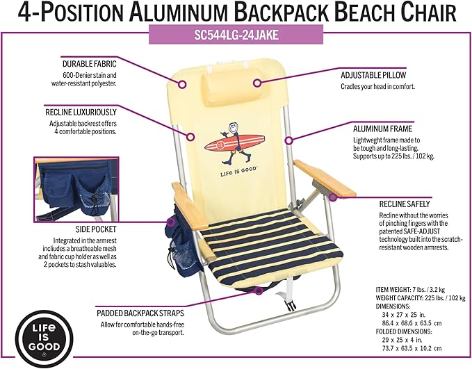 Life is Good 2-Pack 4-Position Aluminum Backpack Beach Chairs Portable Folding Camp Chairs with Carrying Straps for Camping Beach Tailgating Multi Color