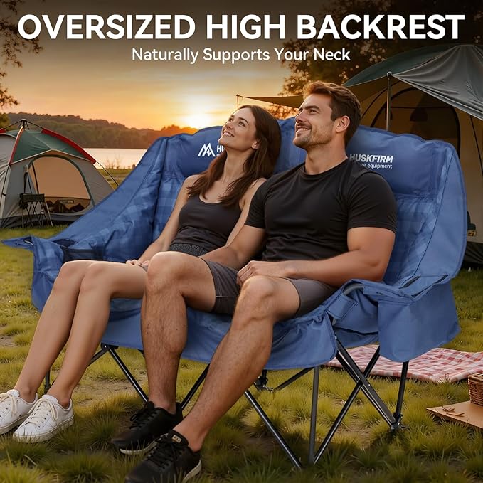 Padded Double Camping Chair High Back 2 Person Camping Chair Oversized Camping Loveseat Support 800LBS Heavy Duty Camping Couch with Cup Holders Cooler Carry Bag Blue