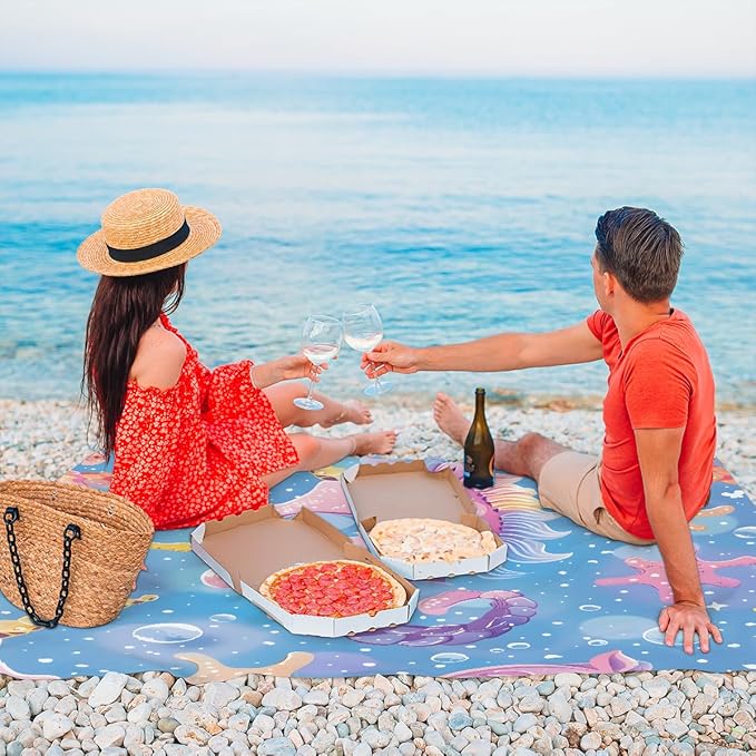 Waterproof Sandproof Beach Blanket 59''×68'' Hippocampus Polyester Outdoor Picnic Blanket with 4 Stakes &amp Storage Bag for BeachCampingVacation Blue