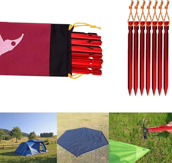 Haploon 12 Pack Tent Stake and Hammer Camping Accessories Kit Aluminum Tent Mallet Stake Hammer with 7 Inch Metal Tent Pegs Nylon Guyline Rope 4x13ft with Cord Adjuster and Canvas Storage Bag