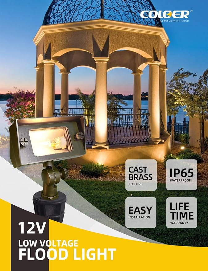COLOER Brass Small Rectangular Flood Lights Outdoor with 2W 2700K Warm White LED G4 Bulb 12V Low Voltage Landscape Outside Lights for House Illuminating Signs Walls and Plant Material