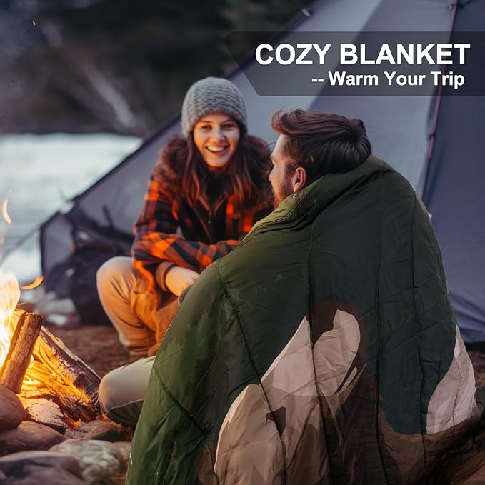 Outdoor Camping Blanket with Sherpa Lining Extra Warm Thick Camp Blankets and Puffy Ultralight Soft Poncho DWR Camping Quilt for Cold Weather Adventure Sleeping Backpacking 78x 56