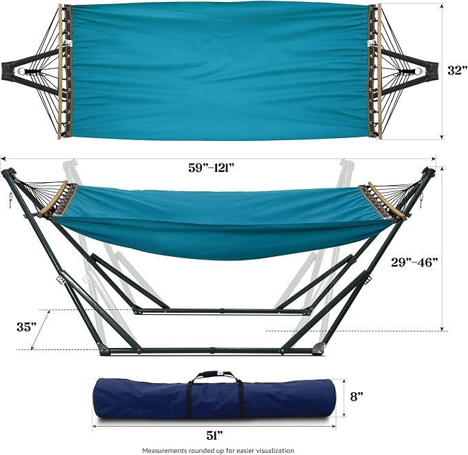 Tranquillo Hammock with Stand Heavy-Duty Hammock Quick Fold Unfold Steel Frame Hammock Canvas Portable Hammock Stand Spreader Bar 600 lbs Capacity Portable Relaxation Gear Blue