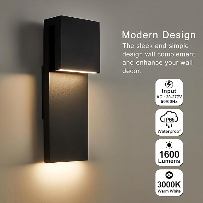 Modern LED Outdoor Wall Sconce 17W Integrated LED Outdoor Wall MountAnti Rust Textured Black Suit for Wet Locations and All RoomsEasily Installed in Any Direction.Bulb Included.