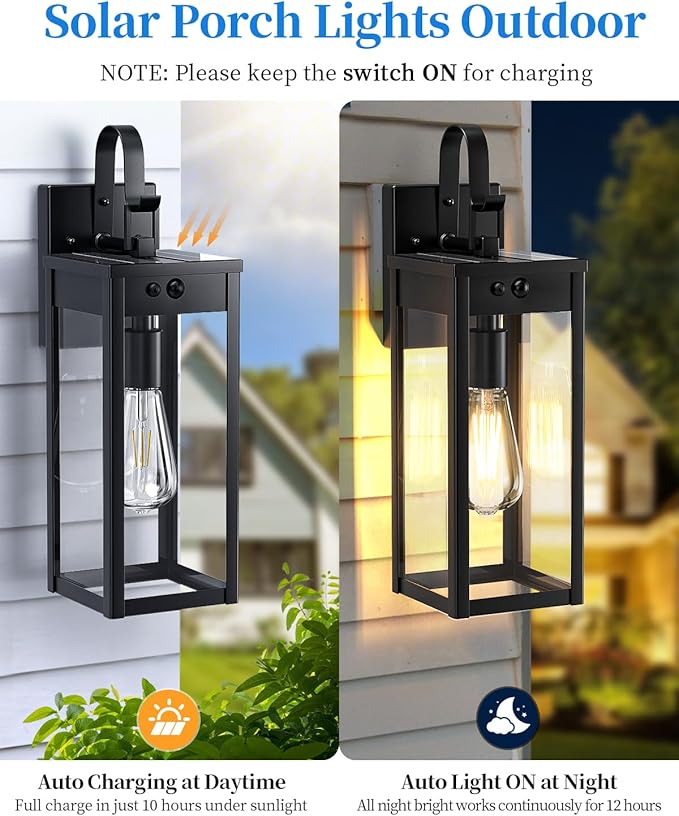 17'' Solar Porch Lights Outdoor 2 Packs Waterproof Motion Lights for Outside Black Dusk to Dawn Outdoor Lighting Modern Wall Sconce Lantern Exterior Lighting Fixtures for House Patio Garage