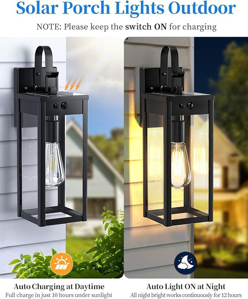 17'' Solar Porch Lights Outdoor 2 Packs Waterproof Motion Lights for Outside Black Dusk to Dawn Outdoor Lighting Modern Wall Sconce Lantern Exterior Lighting Fixtures for House Patio Garage