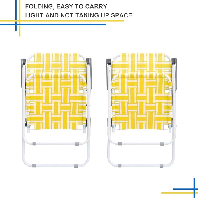 Set of 2 Folding Patio Lawn Chairs Modern Yellow PP Braided Beach Chairs High Back Seat Portable Camping Chairs for Yard Garden Beach Fishing