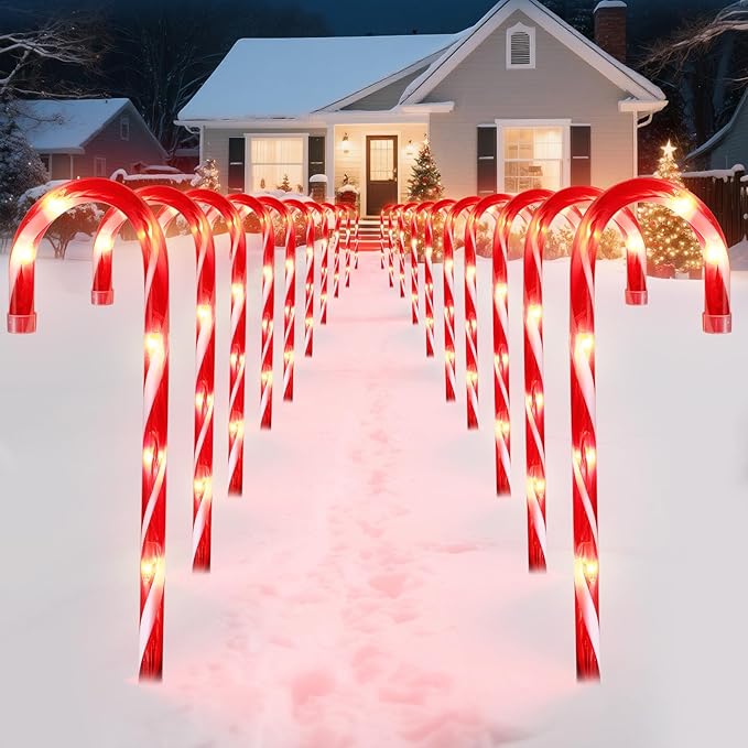12Pack Christmas Decorations Candy Cane Lights16 Lighted Pathway Makers Lights with 72 Warm Lights Connectable Christmas Lights Outdoor Walkway Sidewalk Candy Canes Yard Lawn Decor
