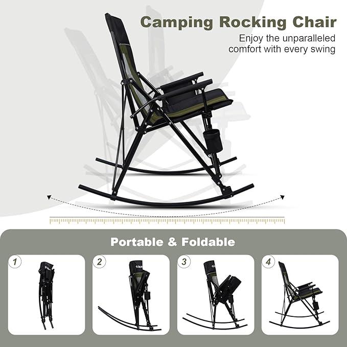 Folding Rocking Camping Chair Portable Outdoor Rocker with High Mesh Back Handrail Bars Carry Bag Cup Holder Bottle Opener Supports 400 lbs Black&ampGreen