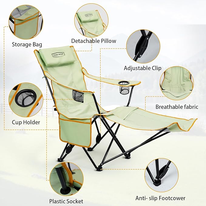 YOUNG WOOD Camping Lounge Chair Portable Reclining Camping Chair with Foot Rest Folding Camping Chair for Adults Headrest &amp Storage Bag Mesh Recliner with Backpack 330lbs Weight CapacityGree