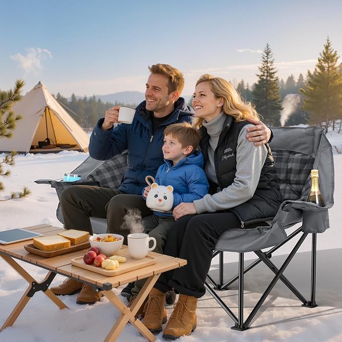 Heated Double Camping Chair Oversized Camping Loveseat with 4 Heating Zones and 3 Temperature Settings Portable Heated Double Chair for Outdoor Use（Battery Not Included）