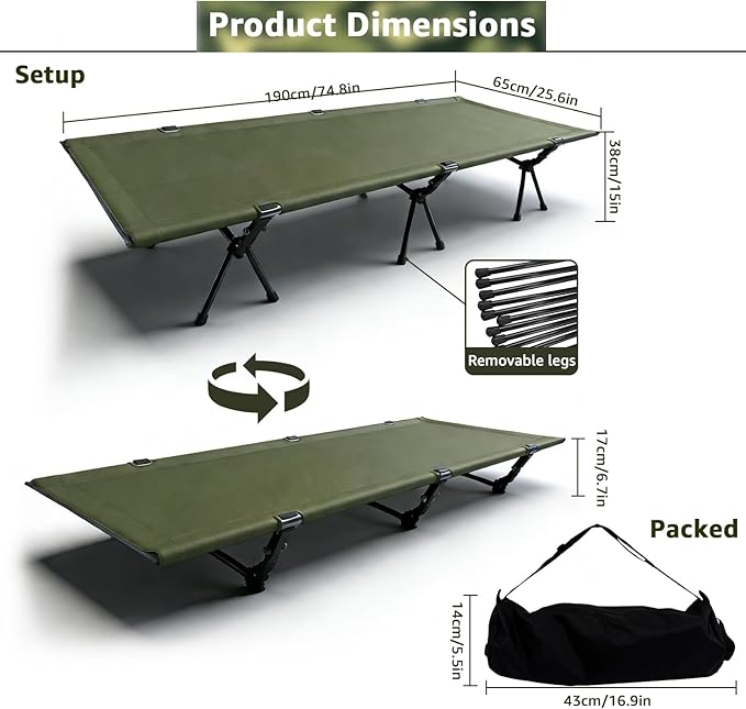 2 in 1 Folding Camping Cot with Leg Extenders Portable Height Adjustable Sleeping Bed 300 lbs Max Load Ultralight Aluminum Cot for Tent Camping Backpacking and Road Trip