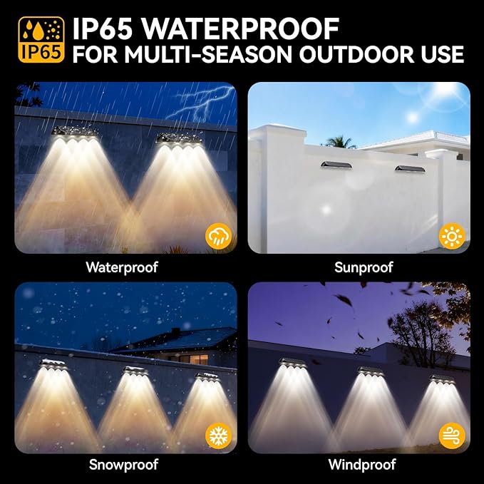11.81inch Solar Fence Lights Outdoor Waterproof 3-Mode (3000K/4000K/6000K)4 LED with Upgraded High-Efficiency Solar Panel &amp Wide Beam for Backyard/Patio/Deck/Step/Home Improvement(4 Pack)