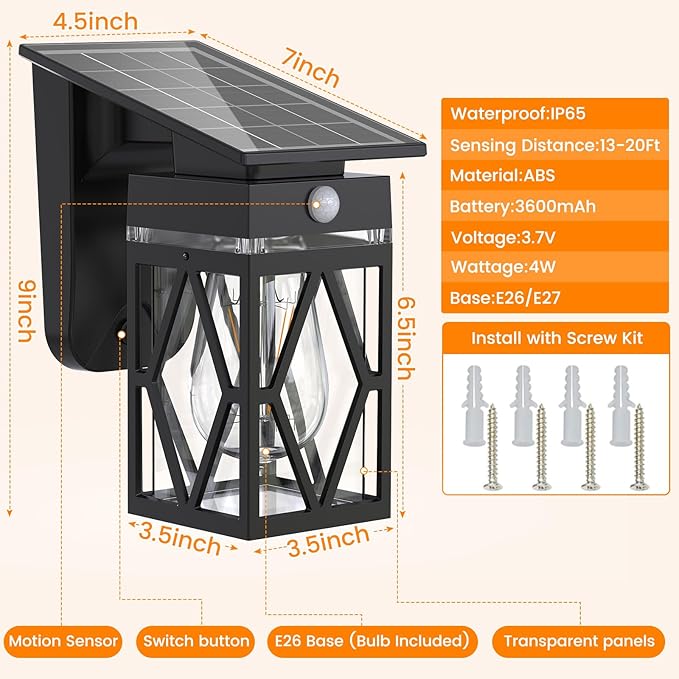 2 Pack Solar Porch Lights Outdoor Dusk to Dawn &amp Motion Sensor Solar Wall Light with Lantern Shape 3 Modes IP65 Waterproof E26 Bulb Exterior Sconce for Front Porch Garage Patio Security