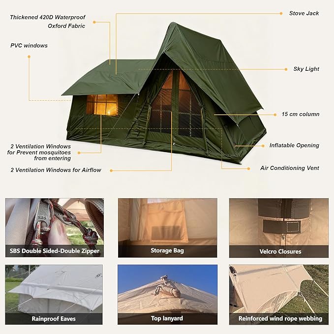 8/10/12 Person Large Inflatable Tents for Camping 4 Season Blow Up Tents with Canopy/Rainfly Luxury Inflatable Tent House with Stove Jack Easy Setup Inflatable Camping Tent.