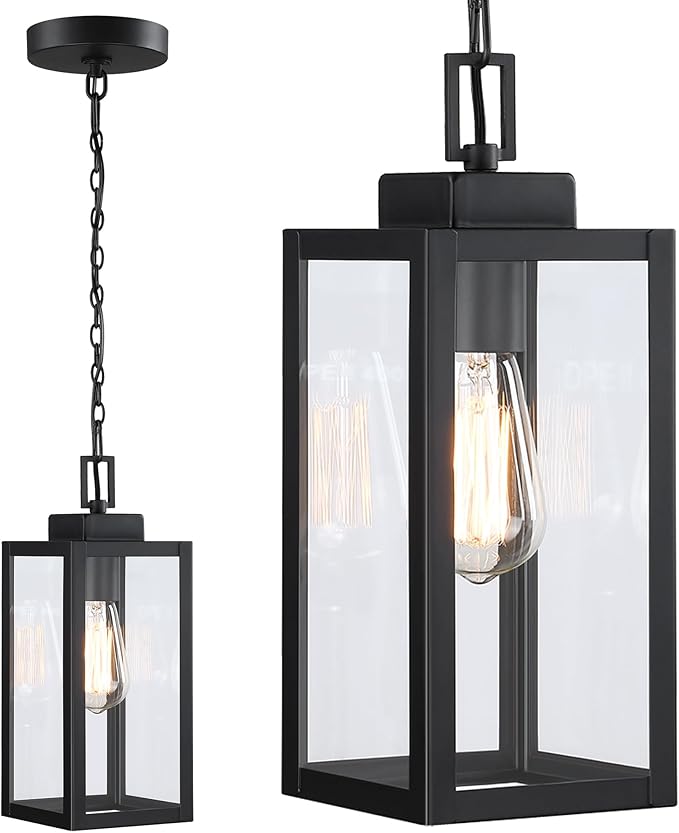 13 Inch Outdoor Pendant Lights for Porch-Ceiling Mount Exterior Pendant Lights Steel and Glass Outdoor Porch Hanging Light for Hallway Entrance Gazebo E26