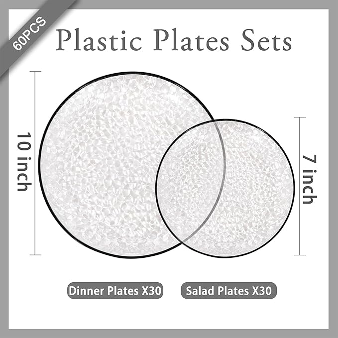 Rubtlamp 60Pcs Black Plastic Plates Black Heavy Duty Graduation Plastic Plates Clear Disposable Party Plates Hammered Fancy Plates Include 30 Dinner Plates 30 Salad Plates For Graduation Party