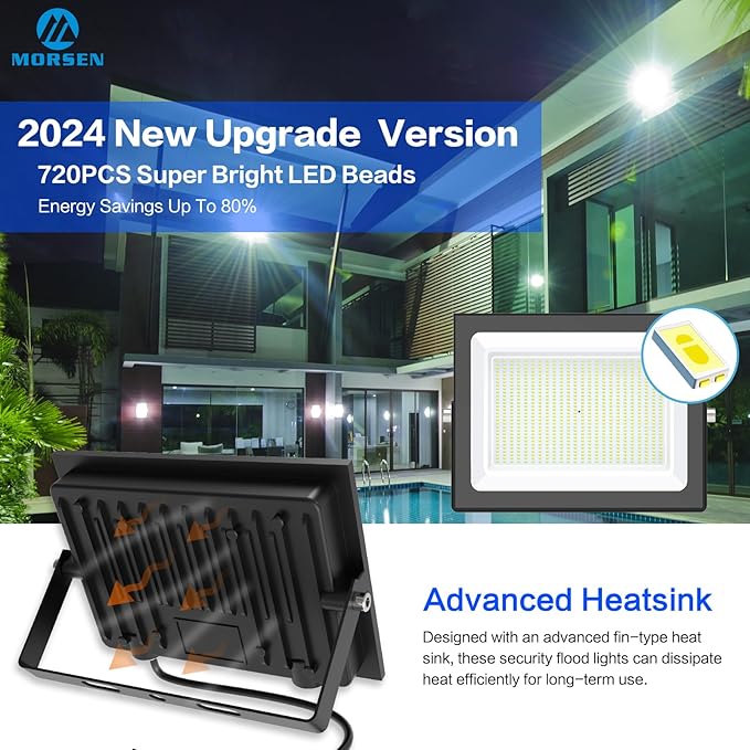 MORSEN 500W Flood Lights Outdoor 60000lm Bright LED Work Light with Plug 6500K Daylight White LED Flood Lighting IP66 Waterproof Security Yard Lights for Yard Garage Stadium 2 Pack