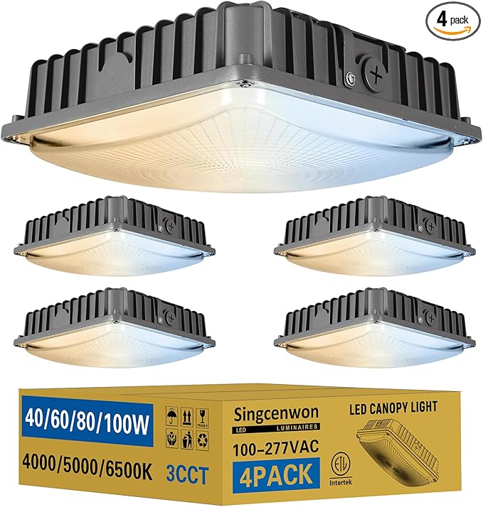 100W LED Canopy Light 4Pack Selectable Wattage 40/60/80/100W 3CCT 4000/5000/6500K Commerical LED Canopy Lights Outdoor Gas Station Square led Light for Garage Carport Dim 100-277VAC ETL Listed