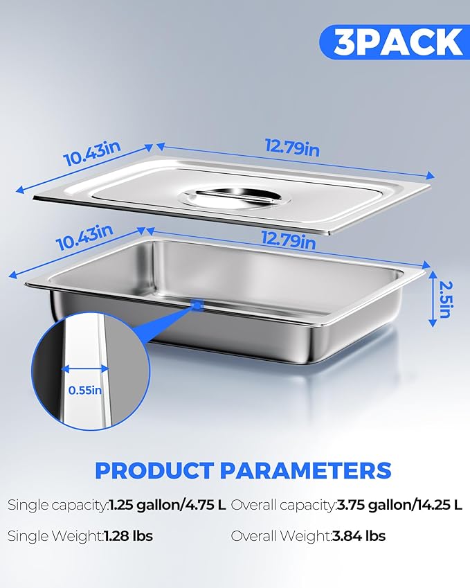 WantJoin Steam Table Hotel Pans with Lid 1/2 Half Size 2.5 Inch Deep 3 Pack Thickened Stainless Steel Metal Tray Set Food Storage Container Restaurant Chafing Dishes Commercial Buffet Warmer