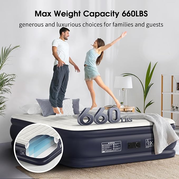 Air Mattress Queen with Built in Pump18'' Inflatable Mattress of Vertical BeamsSelf Inflatable/Deflation Blow Up Mattress in 3 MinsFlocked Top Airbed with Carry Bag for Home Camping
