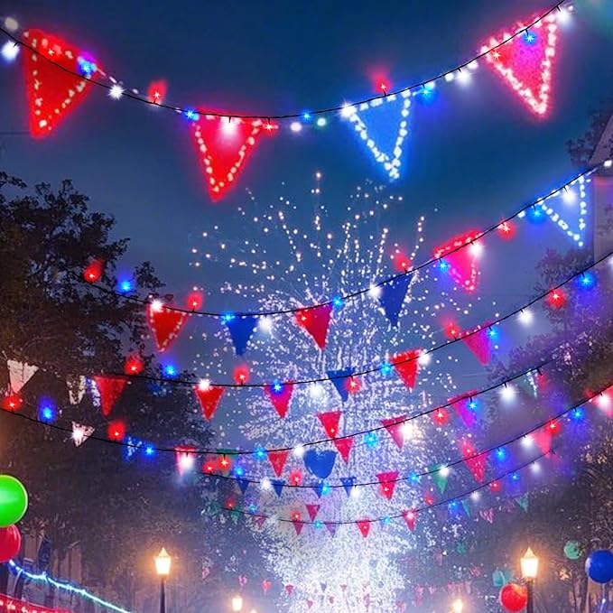 4th of July 95FT 240LED Red White and Blue String Lights Extra-Long Connectable Led Twinkle Lights Waterproof with 8 Modes Memory Independence Day Decoration
