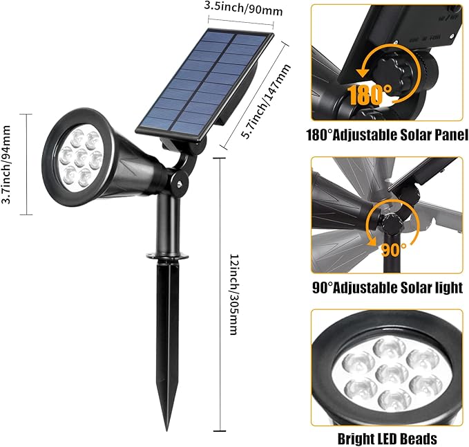 T-SUN Solar Spotlights 7 LED Solar Lights Outdoor Waterproof Auto ON/Off Adjustable Solar Garden Pond Lights for Tree Patio Yard Garden Driveway Stairs Pool Area (Yellow- 4 Pack)