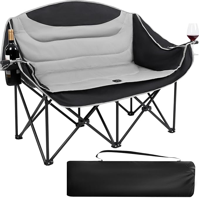 UBALANCE Double Camping Chair for Adults - Heavy Duty 650LBS Portable Camping Chairs Oversized Camping Loveseat Folding Camping Chair for Garden Lawn Sport Picnic Beach Fishing (Gray)