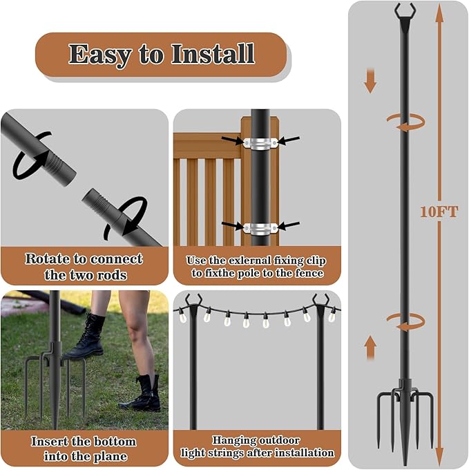 6 Pack String Light PolesMetal Poles for Hanging Outdoor Light Strings6 Pack 10 FT Light Poles Stand for Outside GardenPatioWeddingBackyardDeckParty