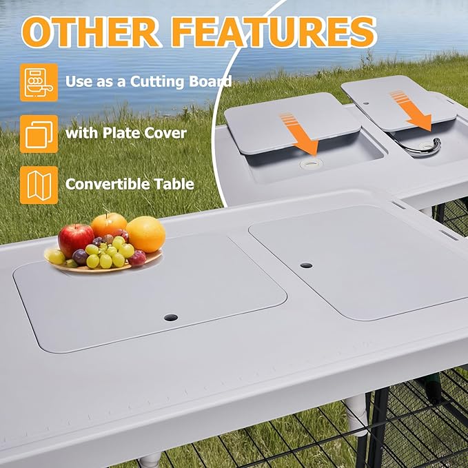 Outvita Fish Cleaning Table 42.5 HDPE Outdoor Fish Cleaning Station with Sink Extended Grid and Trash Can 360° Stainless Steel Faucet Drainage Hose Working Platform for Camping Food Handling