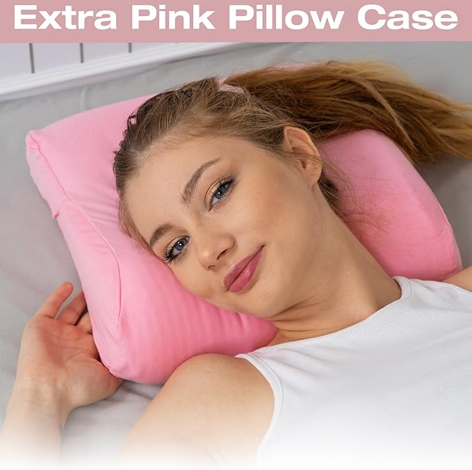 alkamto Travel &amp Camping Comfortable Memory Foam Pillow – Easy to Carry Portable Bag – Temperature Regulating Pillow Case (Pink Contour + Extra Cover)