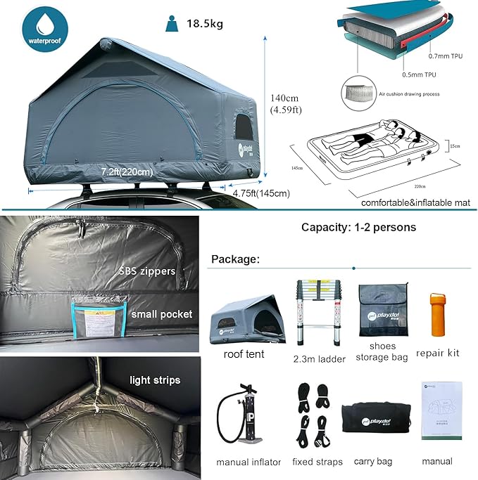 PlayDo Air Tents for Camping Rooftop Tent Easy Setup Inflatable Roof Tent Blow Up Car Top Tent for Pickup Truck SUV with Strip Light Ladder Air Mattress
