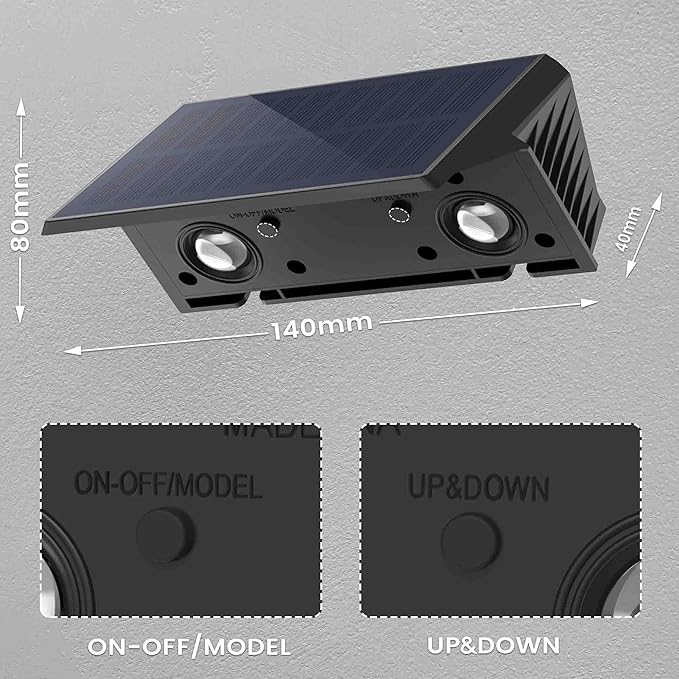 Fence Lights Solar Powered 6-Pack Solar Fence Lights Up/Down Flexible Buttons IP67 Waterproof for Outdoor 100LM Bright Auto Dusk to Dawn for Wall/Stairs/Yard/Railing/Deck/Pathway (Warm White)