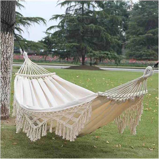 Bohemian Double Hammock for 2 Person Red White Striped Pattern with Tassels Heavy Duty Rope Outdoor with Carry Bag(Pink)