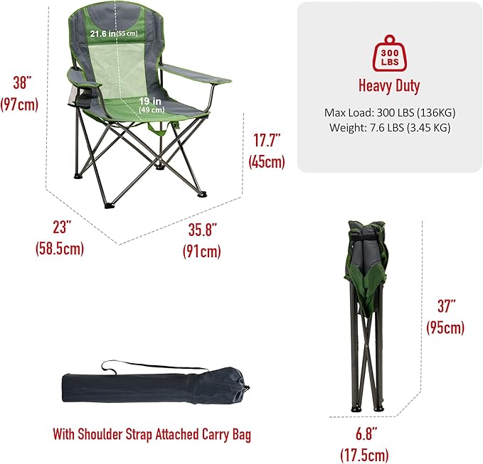 SUNNYFEEL Folding Oversized Camping Chair Padded Portable Lawn Chairs for Adults Heavy Duty 300 LBS Folding Camp Quad Chair High Back with Cup HolderArmrest for PicnicBeachSports