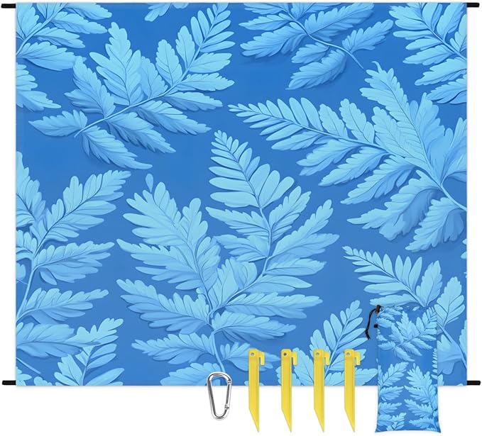 Waterproof Sandproof Beach Blanket 59''×68'' Ferns Leaves Polyester Outdoor Picnic Blanket with 4 Stakes &amp Storage Bag for BeachCampingVacation Blue