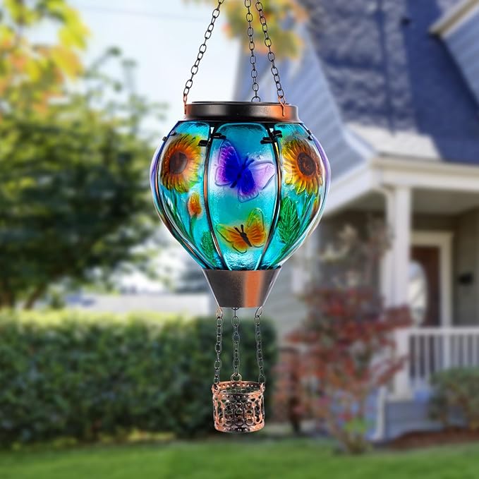Hot Air Balloon Solar Lantern Butterfly Solars Powered Hot Air Balloon Lantern Outdoor Waterproof Glass Hanging Hots Air Balloons Solar Light for Outdoor Patio Garden Decor